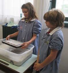 bambini che creano un foglio di carta riciclata 