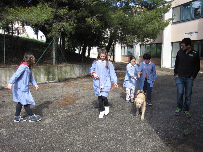 5 A un gruppo di bambini passeggia con il cane in giardino